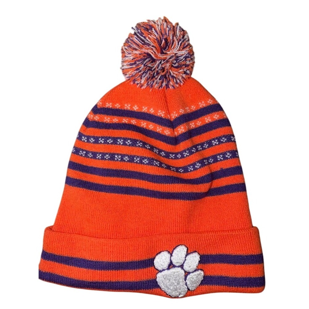 Clemson Tigers NCAA Knit Pom Beanie Hat Orange Purple White Paw Logo SKU AL1143